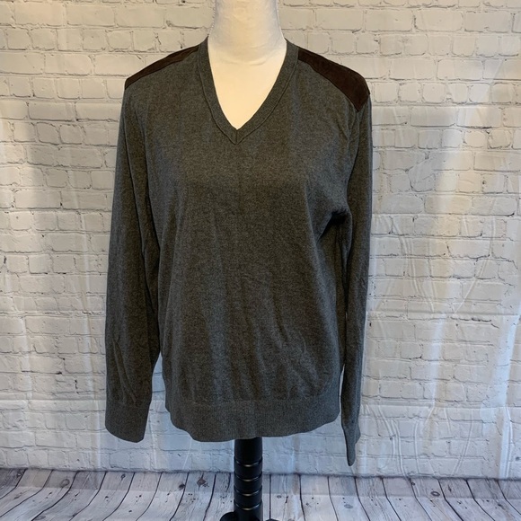 Mens Banana Republic Gray Sweater Shoulder Patches V Neck Size Large - Picture 1 of 5
